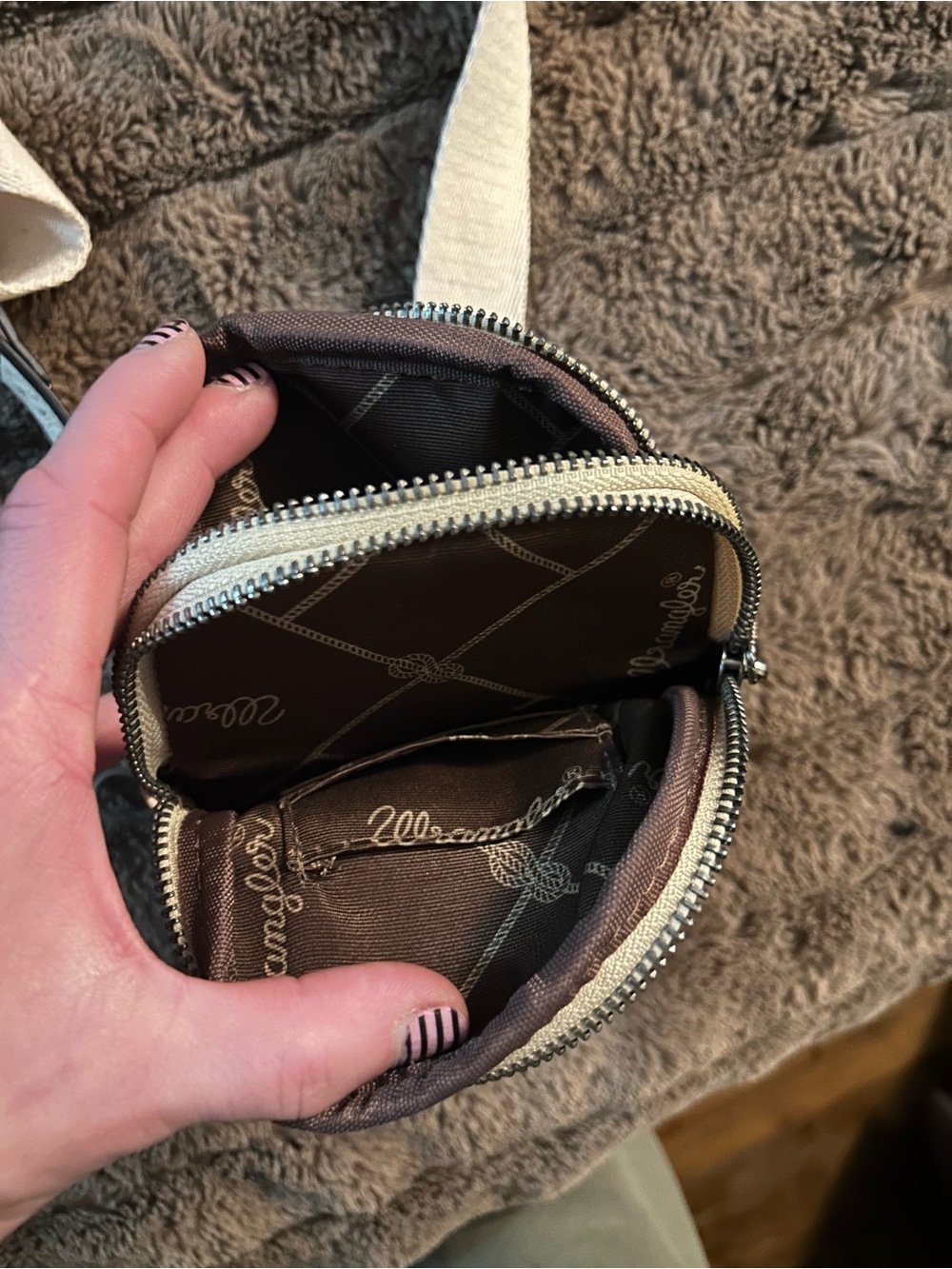 Round Crossbody Pouch in Brown and Cream